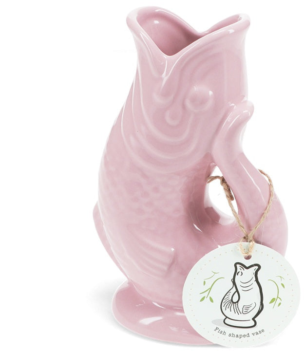 Ceramic vases shaped with a lifelike fish design and featuring a chunky handle - Dusky Pink