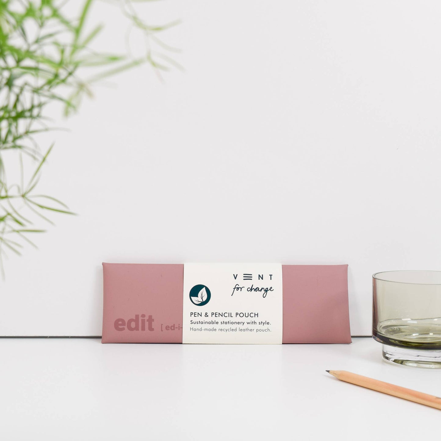 Handmade recycled leather pencil pouch debossed with EDIT design, in soft pink, perfect for stationery lovers