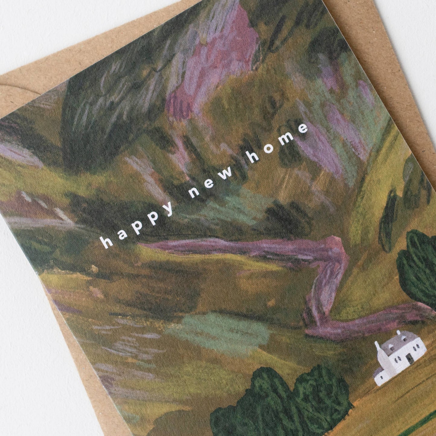 Luxury A6 happy new home greetings card with Glencoe mountain illustration, blank inside, printed on 350gsm UK card with recycled Kraft envelope