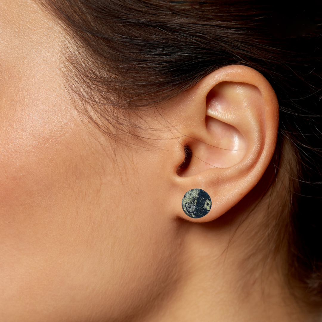 Black and gold hand-painted wooden stud earrings, 10mm FSC certified, with surgical steel backs for sensitive ears.
