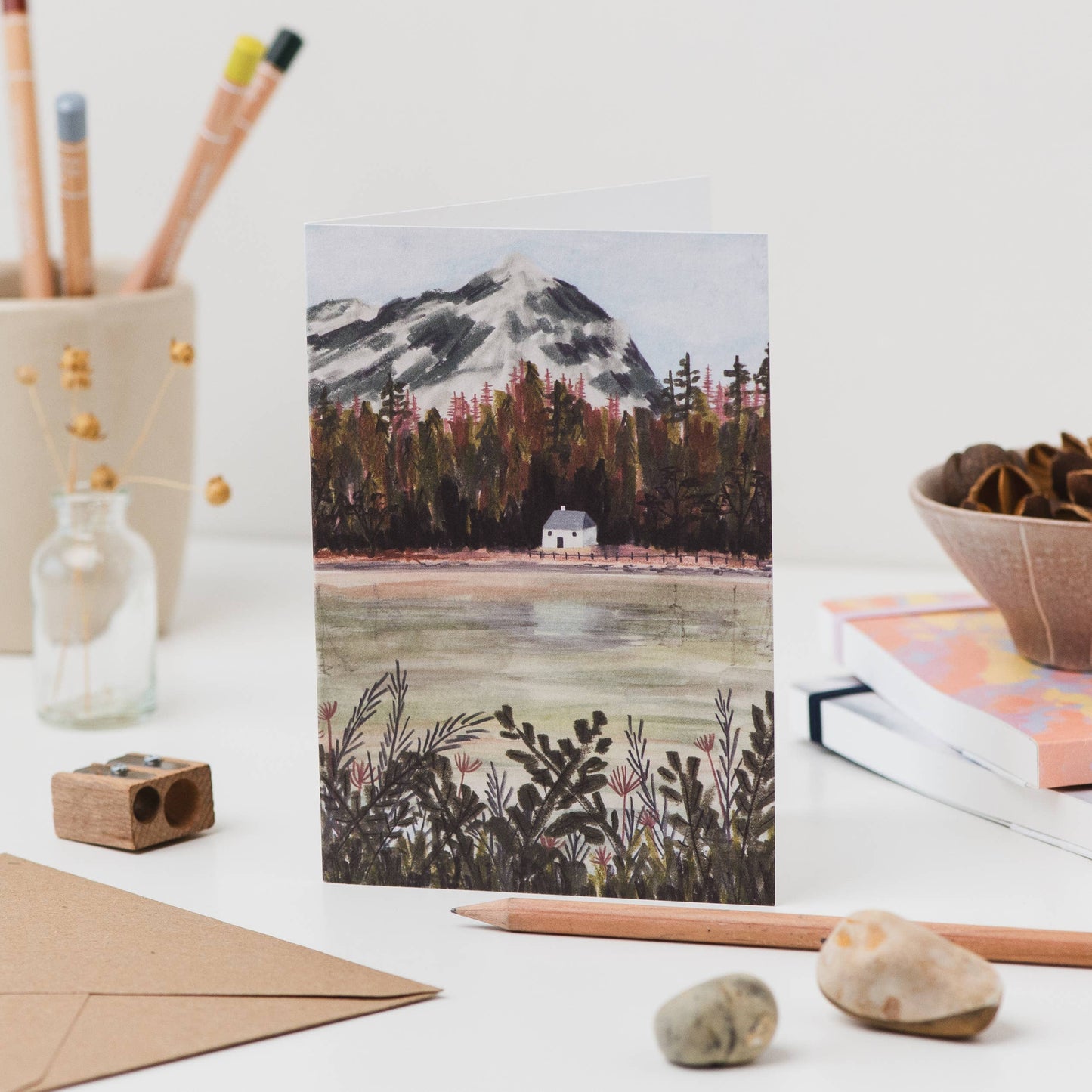Luxury Loch Lomond mixed media landscape greetings card with Beinn Narnain, A6 size, printed on 350gsm UK card with recycled Kraft envelope
