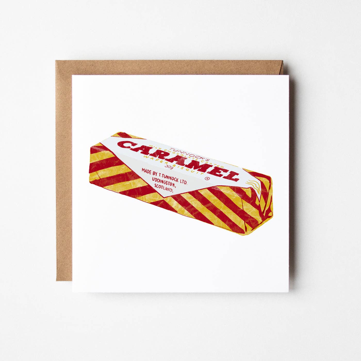 Tunnock’s Caramel Wafer card with quirky hand-drawn striped wrapper design by Design Smith