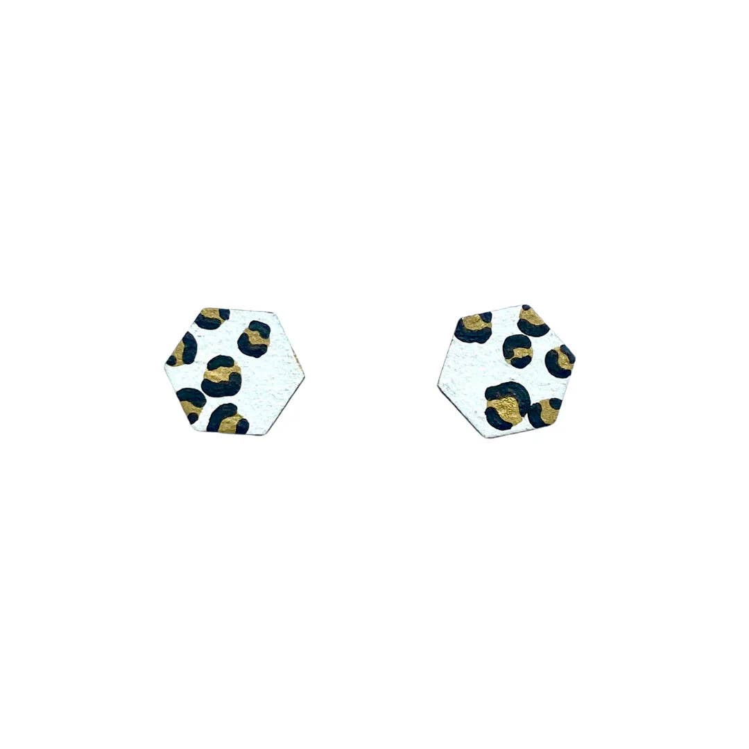 WHITE + GOLD FADED LEOPARD PRINT MINI HEXAGON STUDS