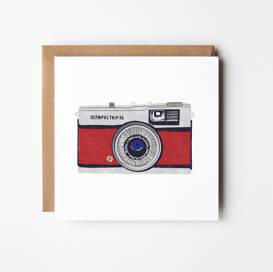 Square card with a quirky vintage camera illustration by Design Smith, printed on matt 350gsm card