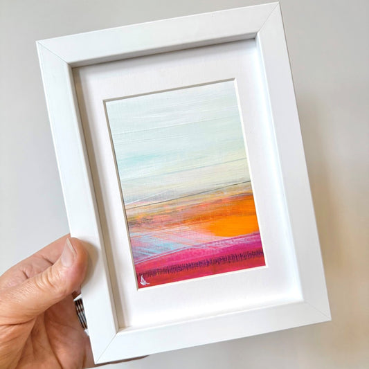 Framed original mixed media painting of the Carnoustie landscape on Scotland’s east coast, inspired by the Angus countryside.