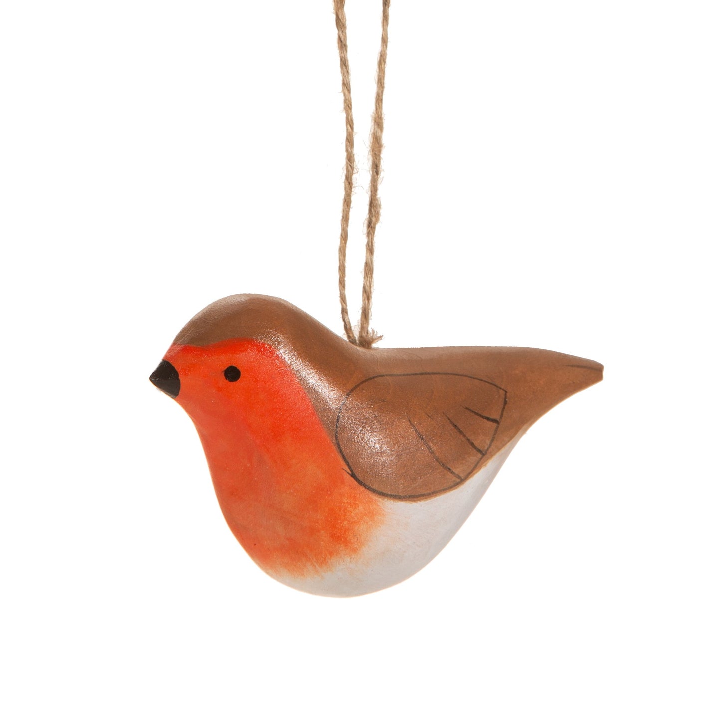 A delicate Sass & Belle wooden robin hanging Christmas decoration with nature-inspired colours.