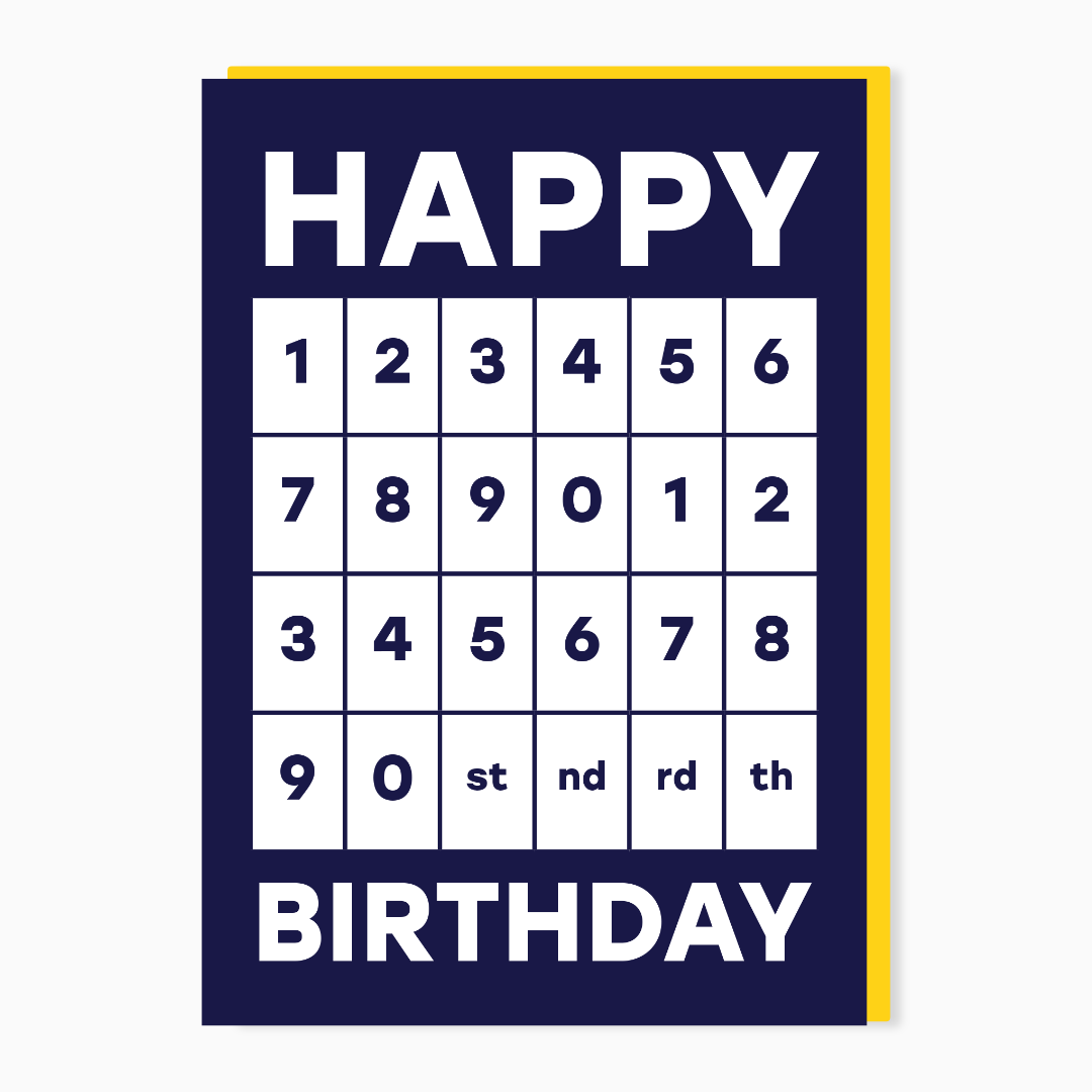 Any Birthday reusable greeting card by Stoats & Weasels with bold graphic age design and erasable birthday numbers