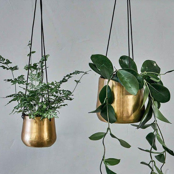 Nkuku Atsu brass hanging planter with leather ties textured finish