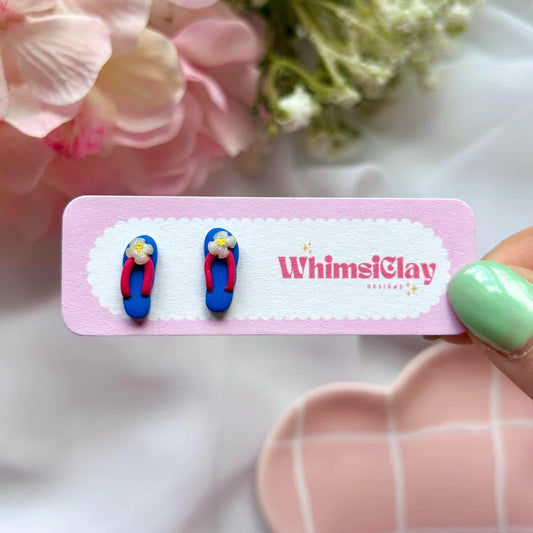 Polymer clay flip flop stud earrings in bright colours with stainless steel posts, lightweight and perfect for summer outfits - blue