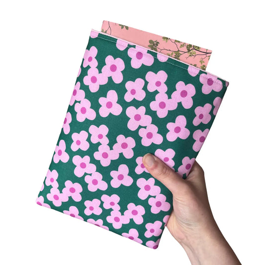 Handmade cotton book sleeve with fleece lining, protective and padded, fits paperback, small hardback, or Kindle, letterbox friendly