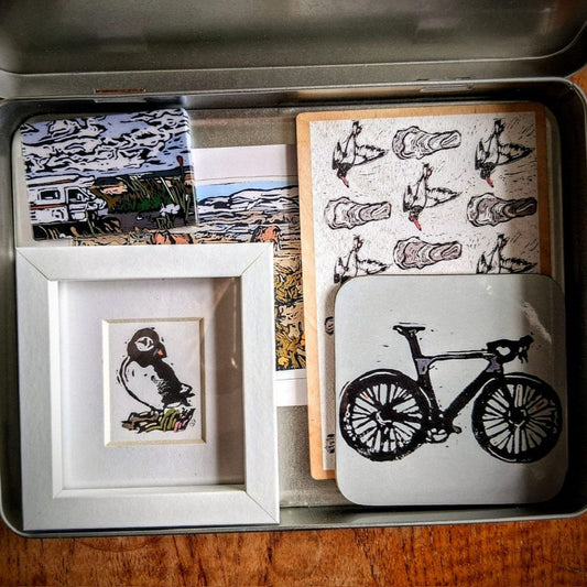 Scottish-themed gift tin with framed puffin print, postcards, magnet, and coaster from Cycling View collection