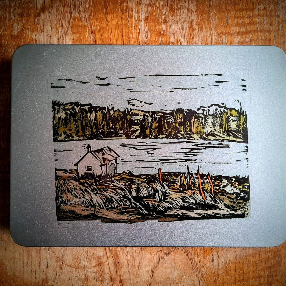 Scottish-themed gift tin with framed puffin print, postcards, magnet, and coaster from Cycling View collection
