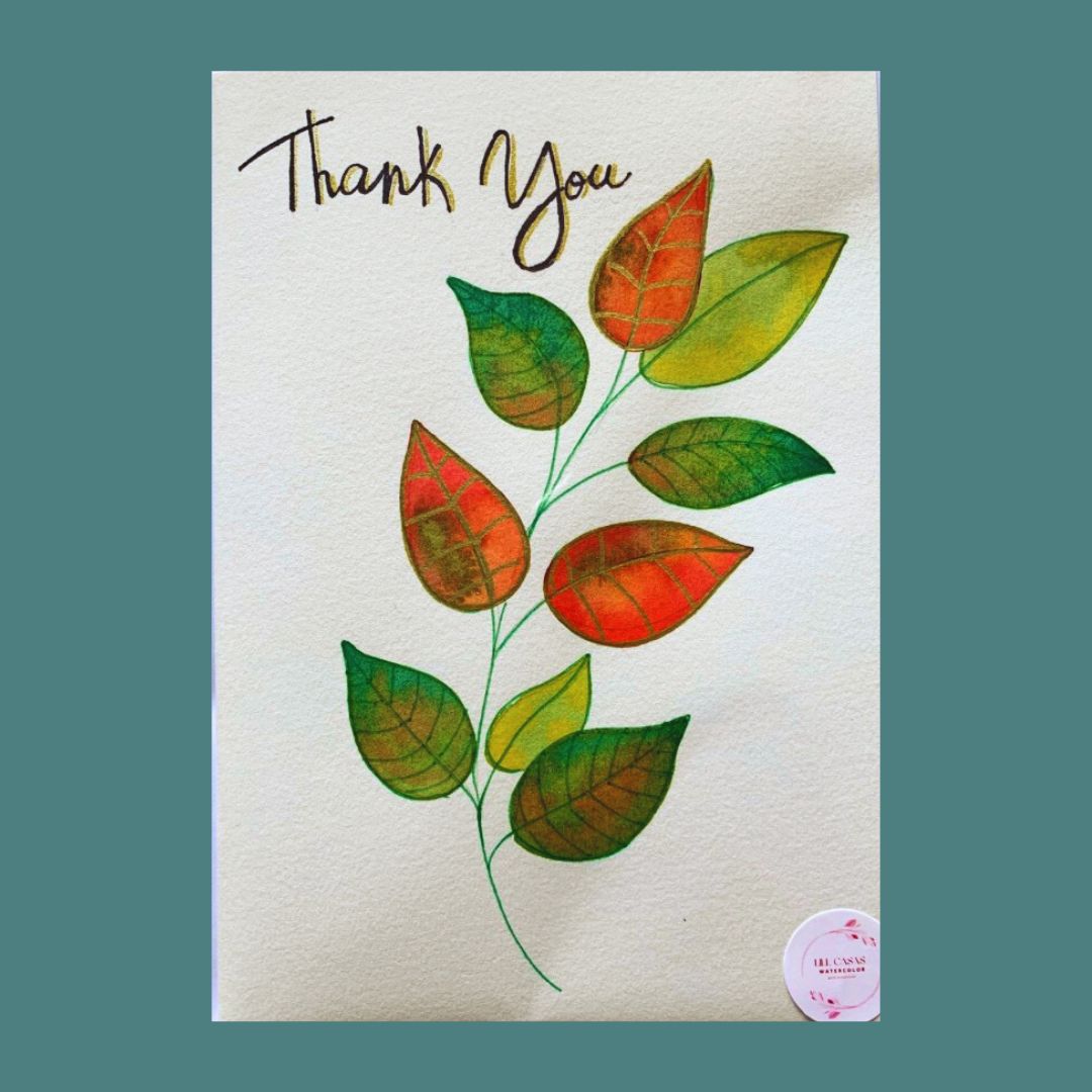 Hand-painted thank you card featuring green and red leaves with 'THANK YOU' text at the top.