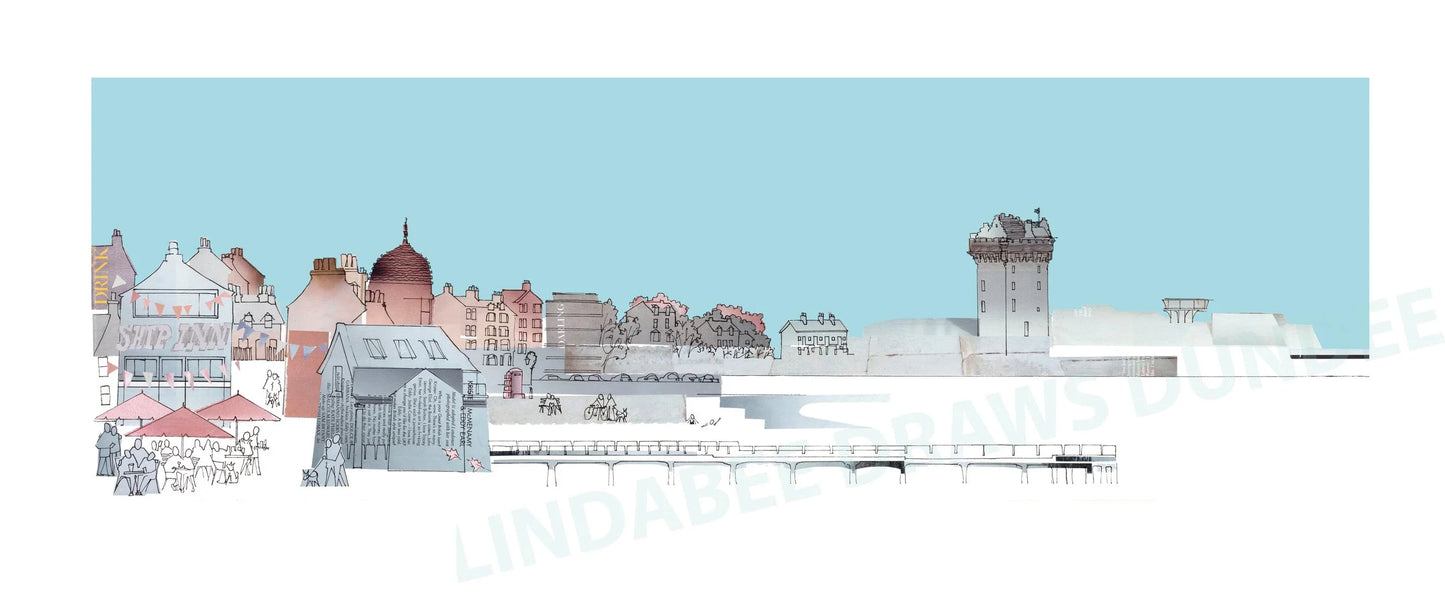 Broughty Ferry panoramic print by Lindabee Draws Dundee featuring The Ship Inn, castle and waterfront in blue tones