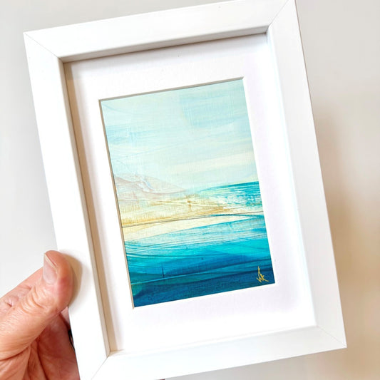 Framed mixed media painting of the Angus coastline near Carnoustie, capturing the beauty of Scotland’s east coast.