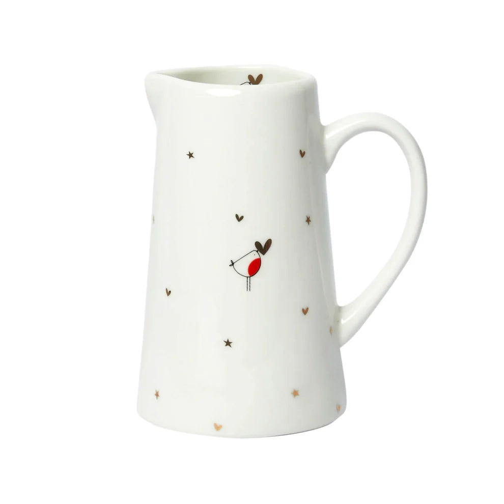 Medium fine bone china jug with a decorative robin design and metallic gold detail