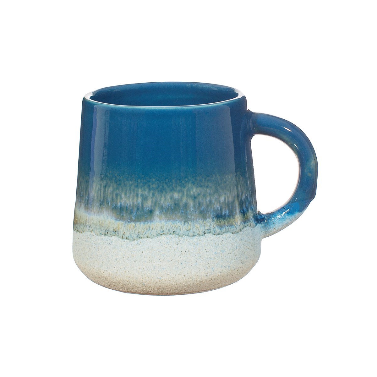 A stoneware mug featuring a blue ombre colour transition achieved with a reactive glaze, approximately 13.5cm wide and 10cm high.