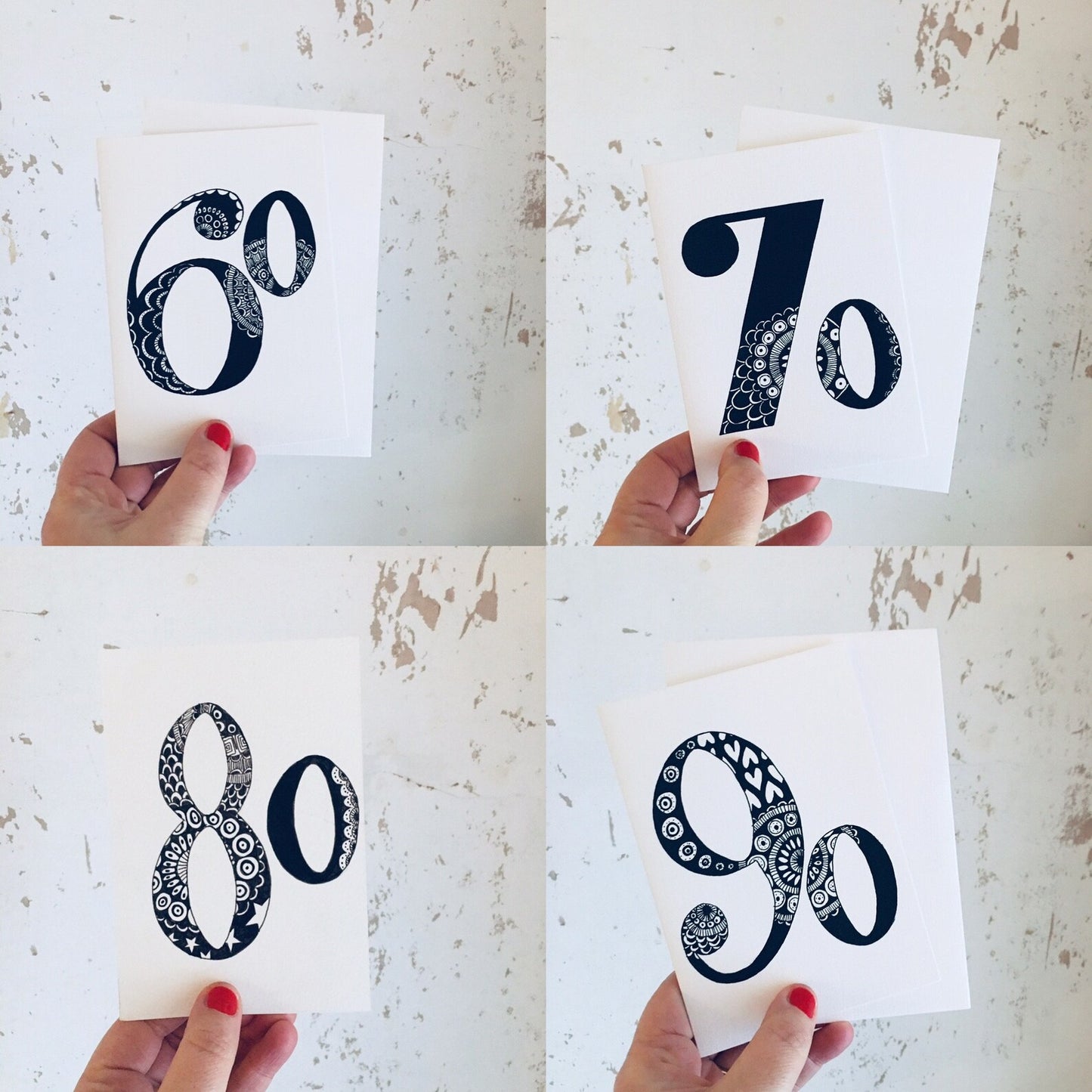 Monochrome milestone age birthday card A6, hand drawn design by Cara Findlay