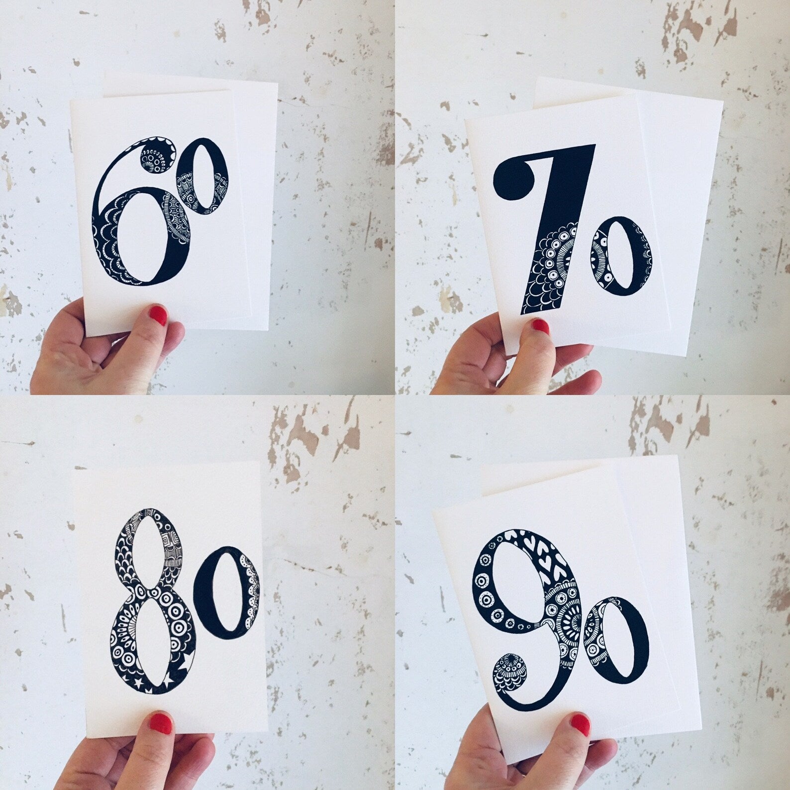 Monochrome milestone age birthday card A6, hand drawn design by Cara Findlay