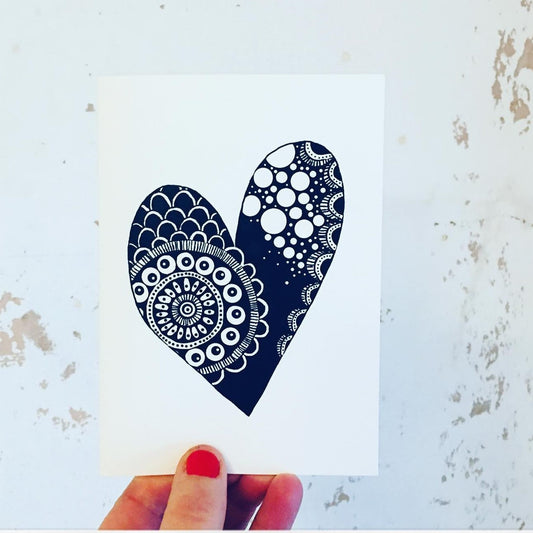 Monochrome love heart greeting card A6, hand drawn by Cara Findlay, blank inside for personal messages