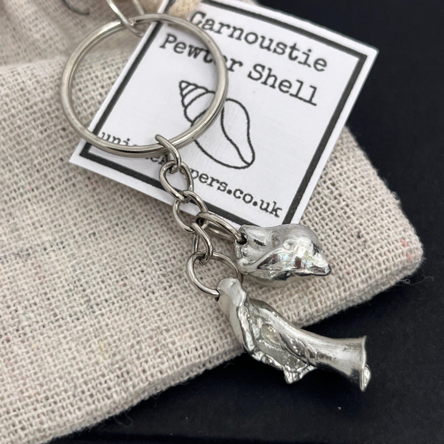 Pewter shell keyring handmade in Scotland cast from real shells gift bag