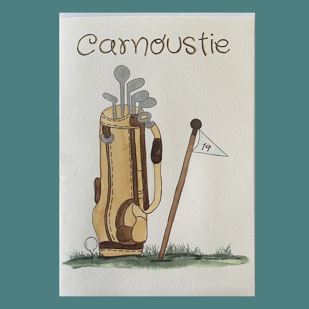 A greeting card featuring a watercolor illustration of a golf bag with clubs, a flag, and the name 'Carnoustie' written at the top