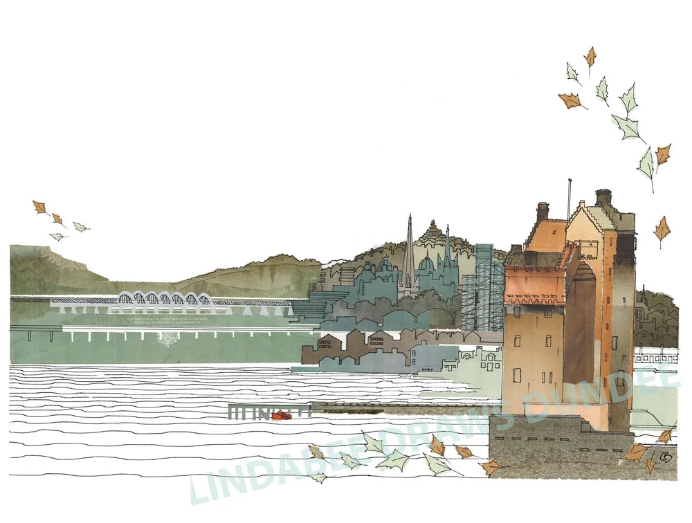 The Castle on the Tay panoramic print by Lindabee Draws Dundee featuring Broughty Ferry Castle and the River Tay