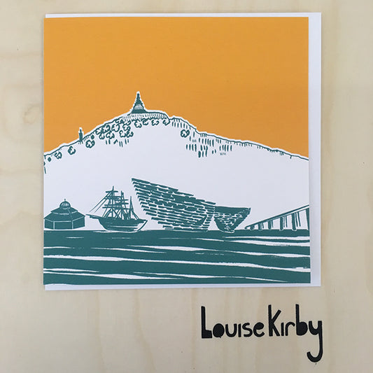 Illustrated card showing the Dundee cityscape with V&A, Discovery and The Law by Louise Kirby