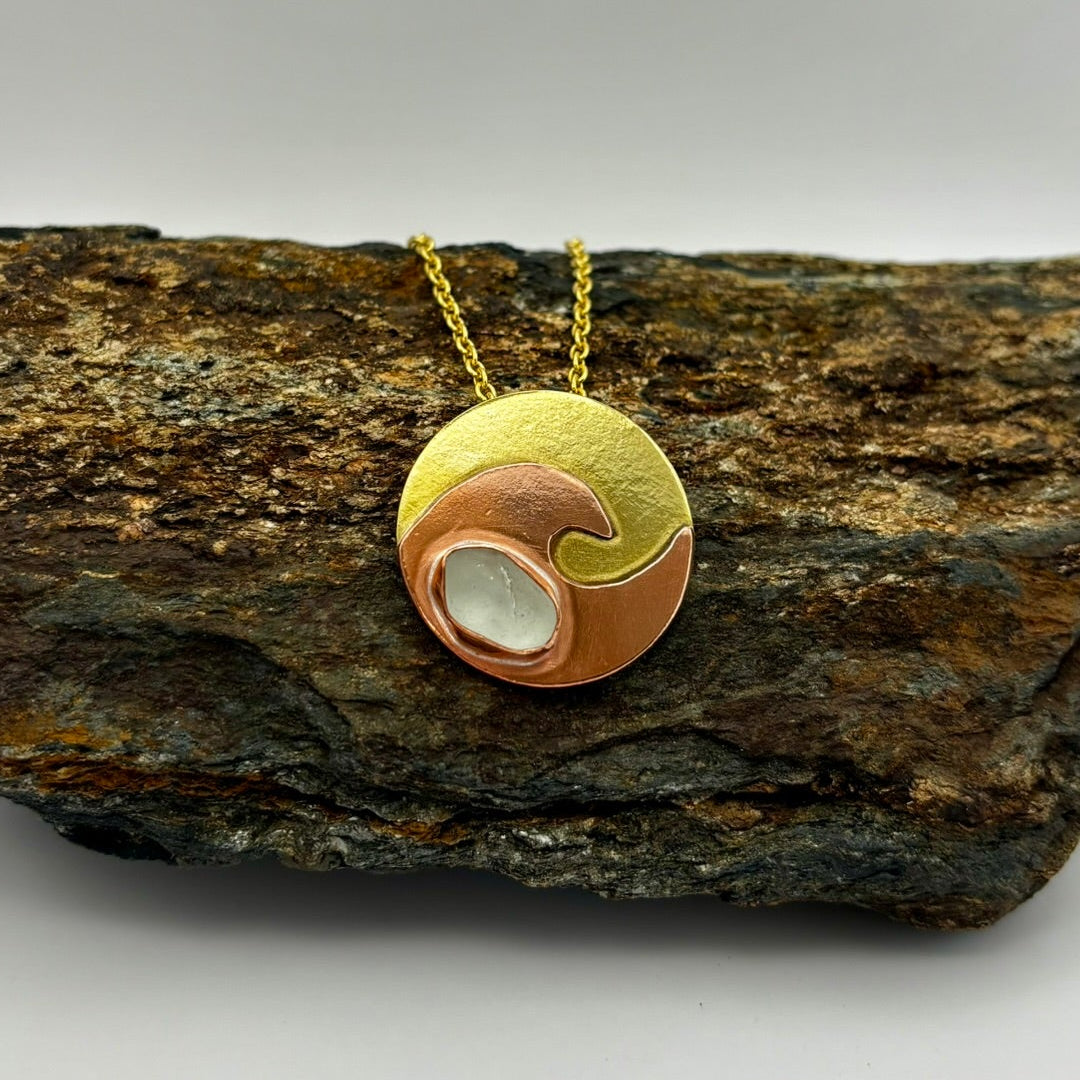 Copper wave and brass circle necklace by Rowan Berry Jewellery with genuine sea glass collected from Carnoustie beaches