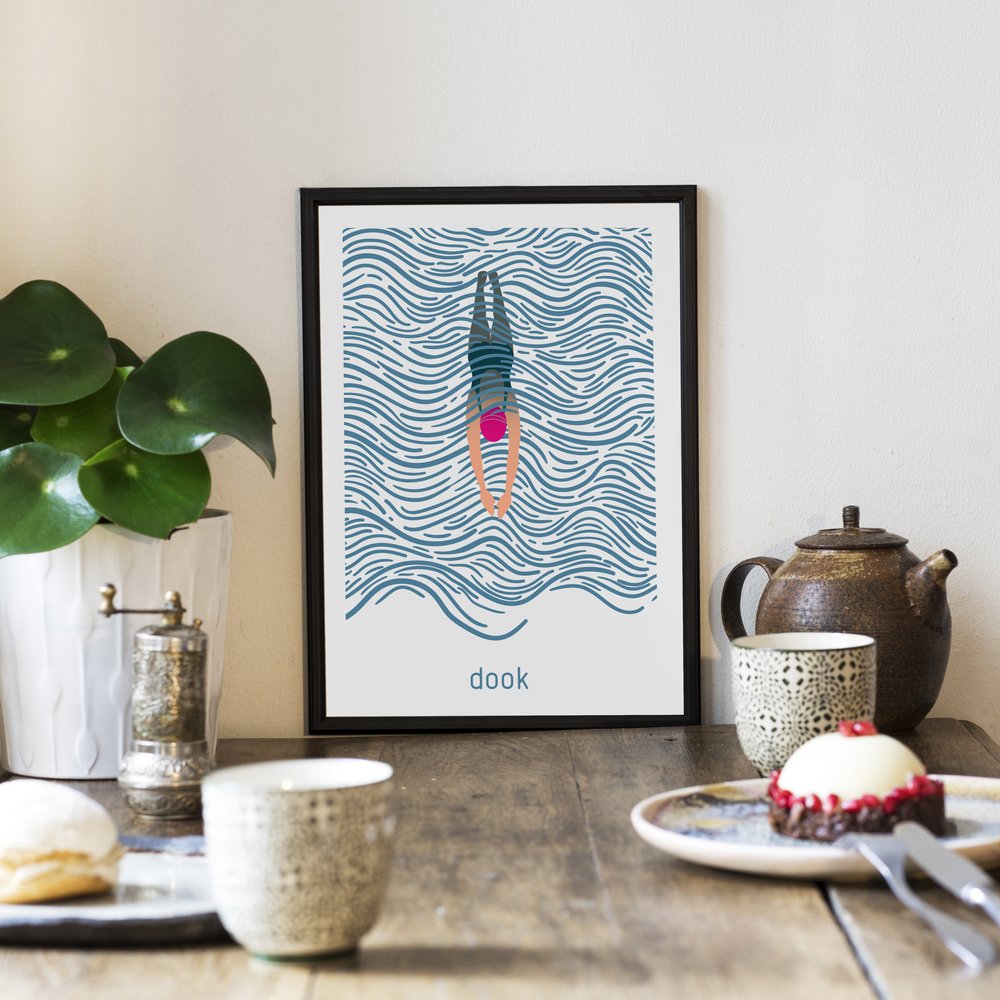 Dook wild swimming art print by Hause & Havers, A5 or A4, Scottish loch design, ideal gift for swimmers, made and printed in Edinburgh.