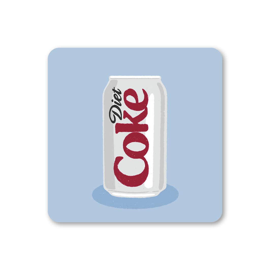 Ella Goddard Diet Coke themed coaster in blue. Fun illustrated drinks coaster, 90mm square