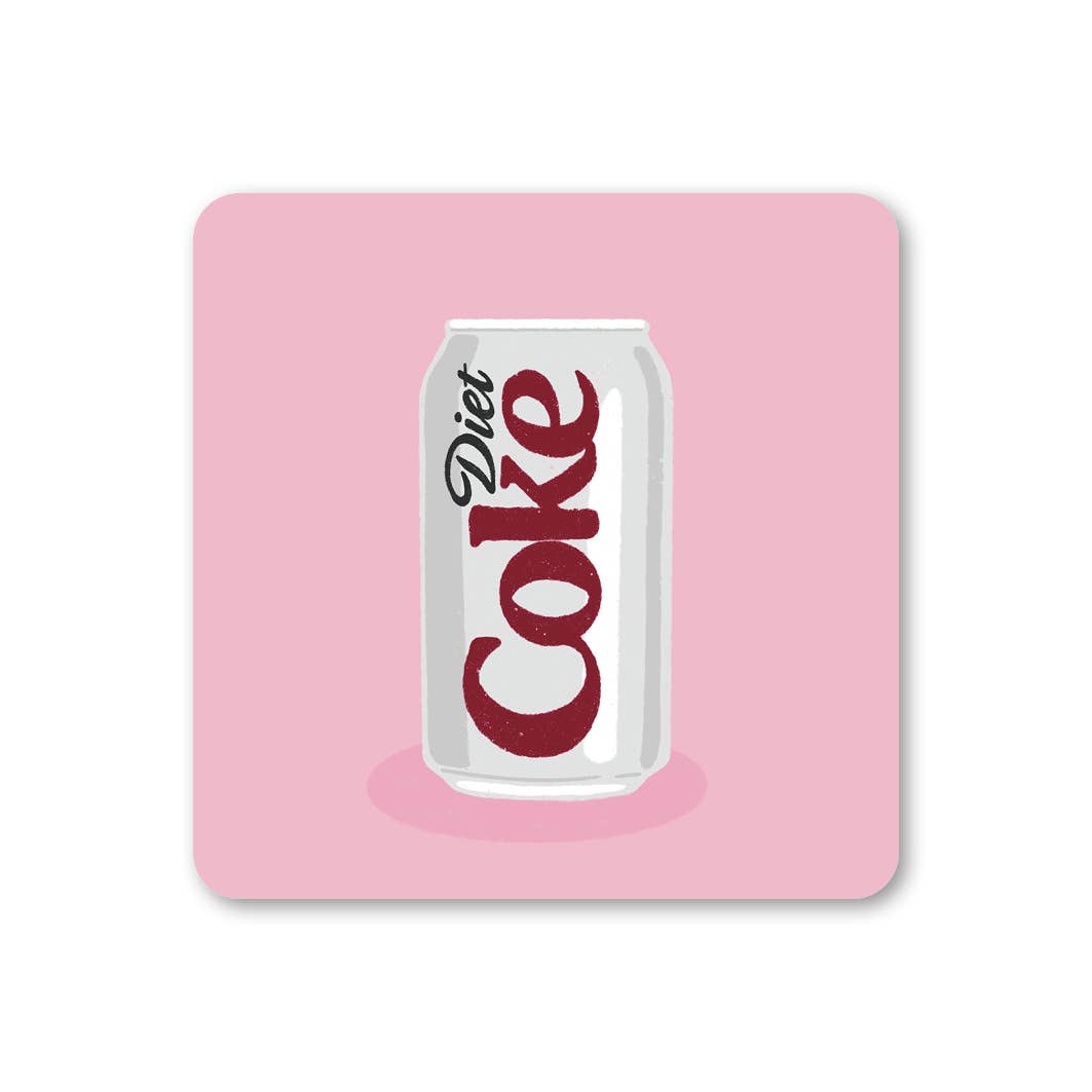 Ella Goddard Diet Coke themed coaster in pink. Fun illustrated drinks coaster, 90mm square