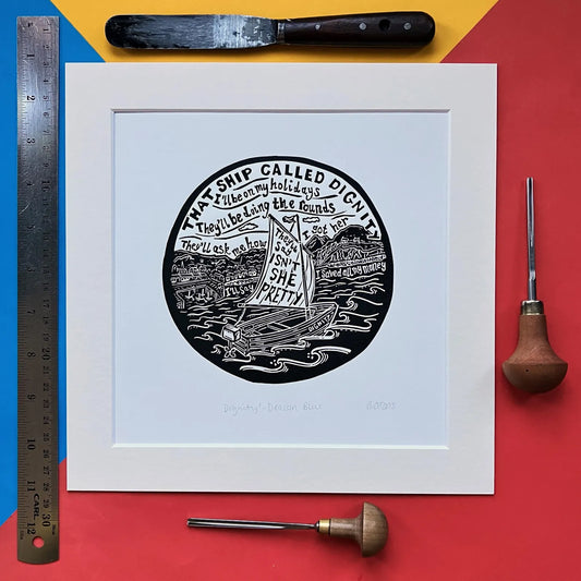 An original black and white linocut print inspired by the Deacon Blue song 'Dignity', mounted on antique white card.
