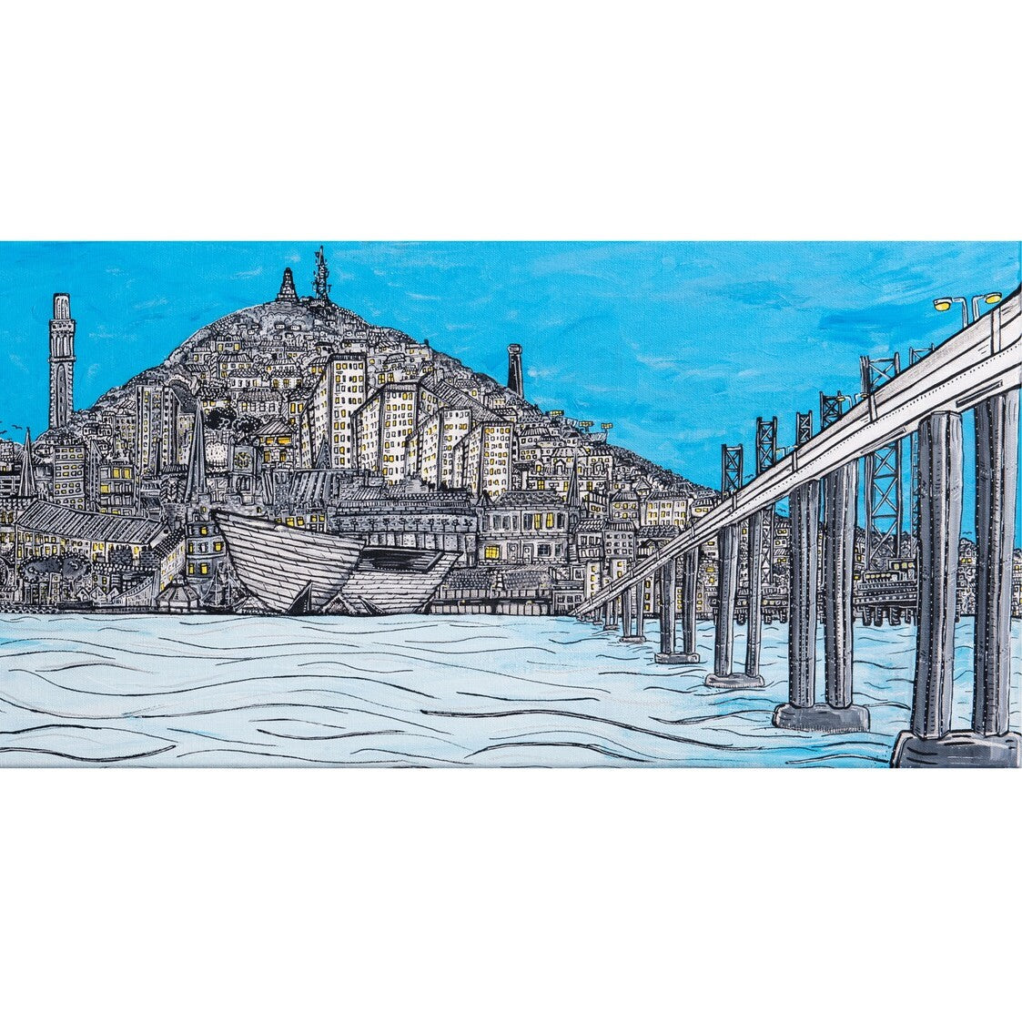 A high-quality A3 photographic art print of an original painting depicting a vibrant, artistic view of the city of Dundee, Scotland.