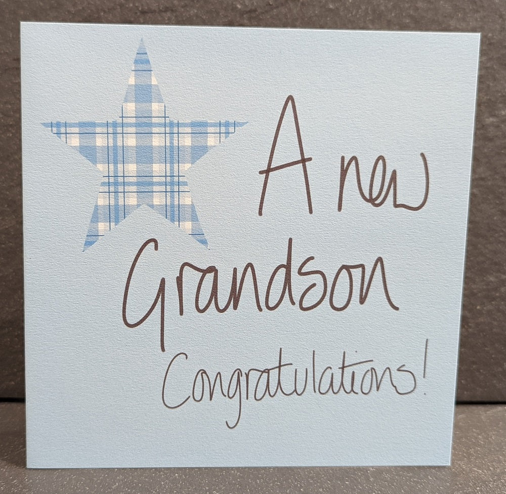 New grandson blue card by F&B Cards, FSC certified, blank inside, 150x150mm, includes white envelope