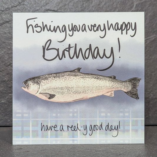 Fishing You a Happy Birthday hand-drawn card with fish illustration by F&B Cards