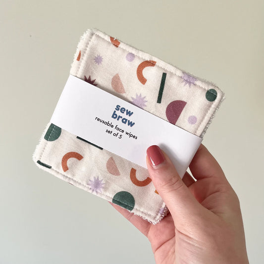 Set of 5 large reusable cotton and bamboo face wipes, 12cm x 12cm, soft and eco-friendly
