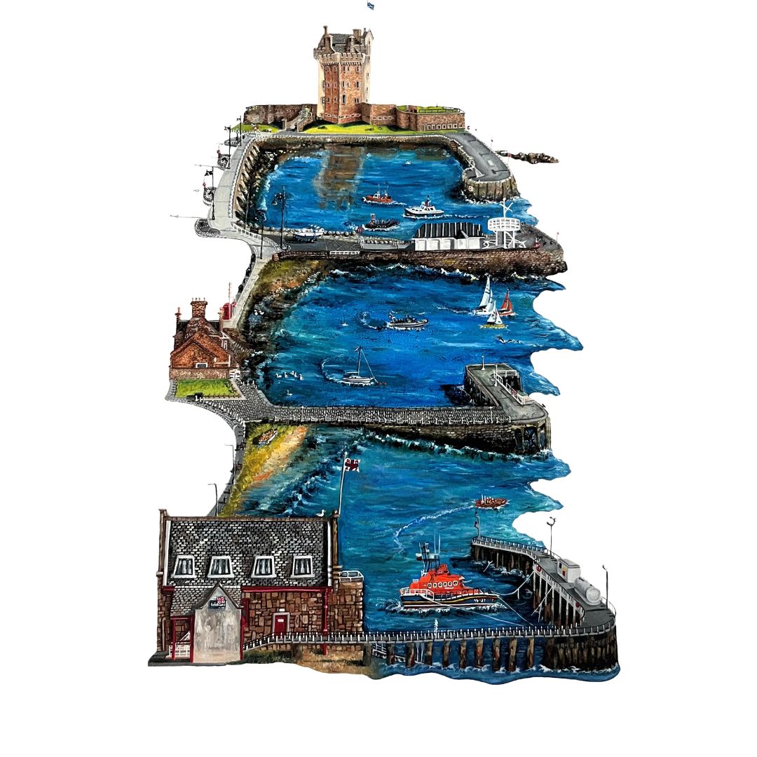 Signed A3 giclée print of Broughty Ferry Piers featuring Broughty Castle and the lifeboat by local artist Nicola Kleppang.
