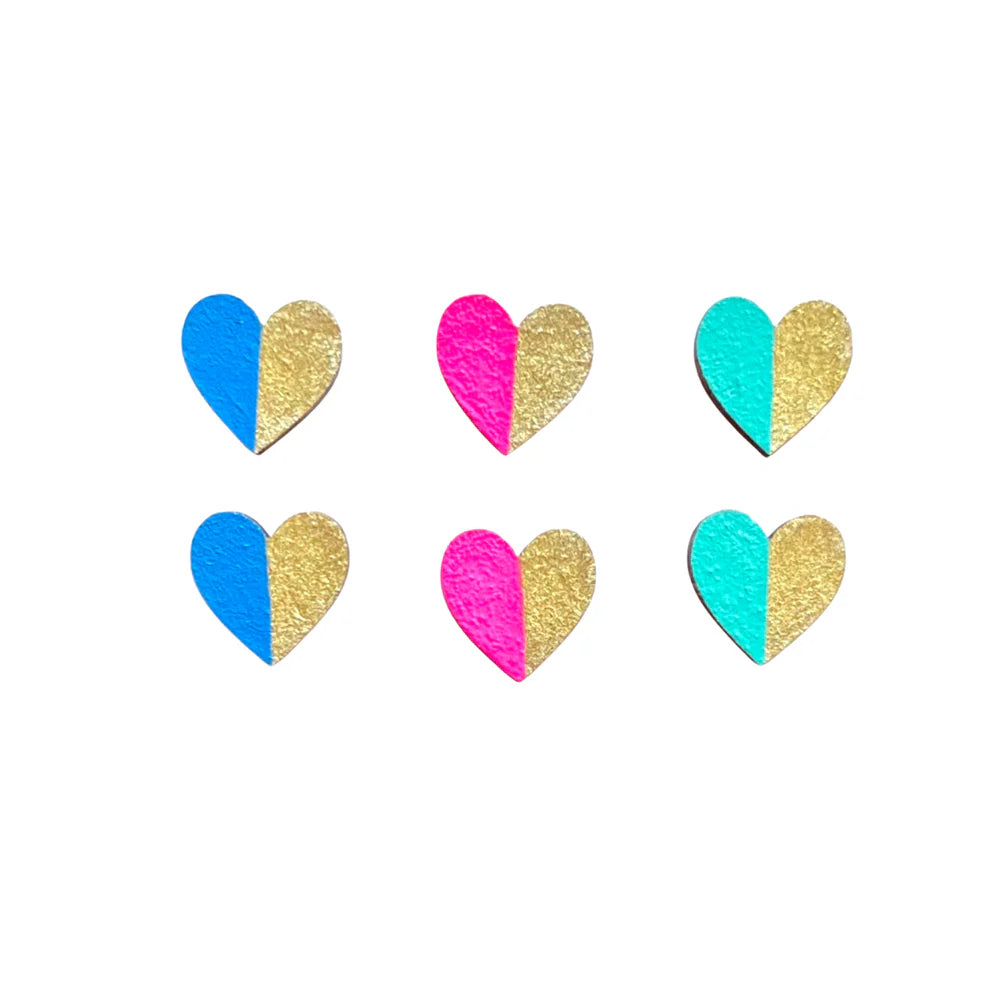 Gold Edge Bright Handpainted Wooden Heart Stud Earring Set