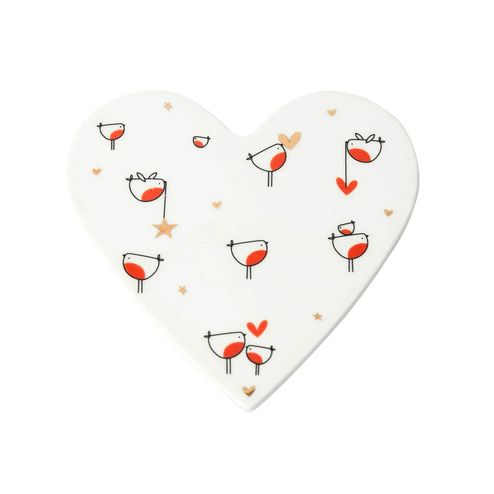 A heart-shaped porcelain coaster with a decorative robin design and metallic gold trim, packaged in a presentation gift box.