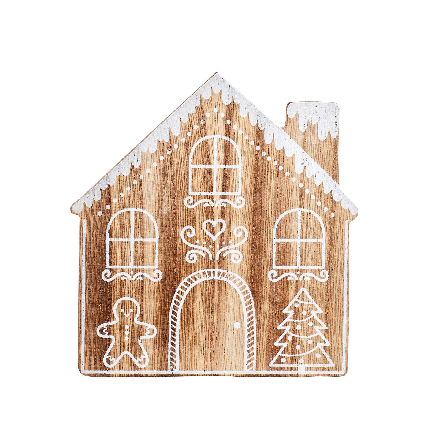 Wooden coaster shaped like gingerbread house with intricate festive details.