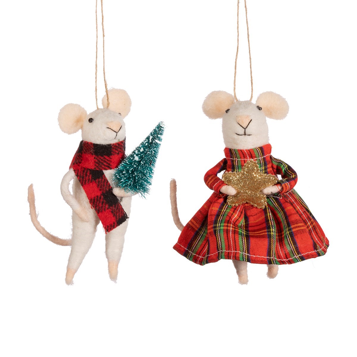 White fluffy felt mouse Scottish Christmas hanging decorations One with tartan scarf and tree the other with tartan dress and star