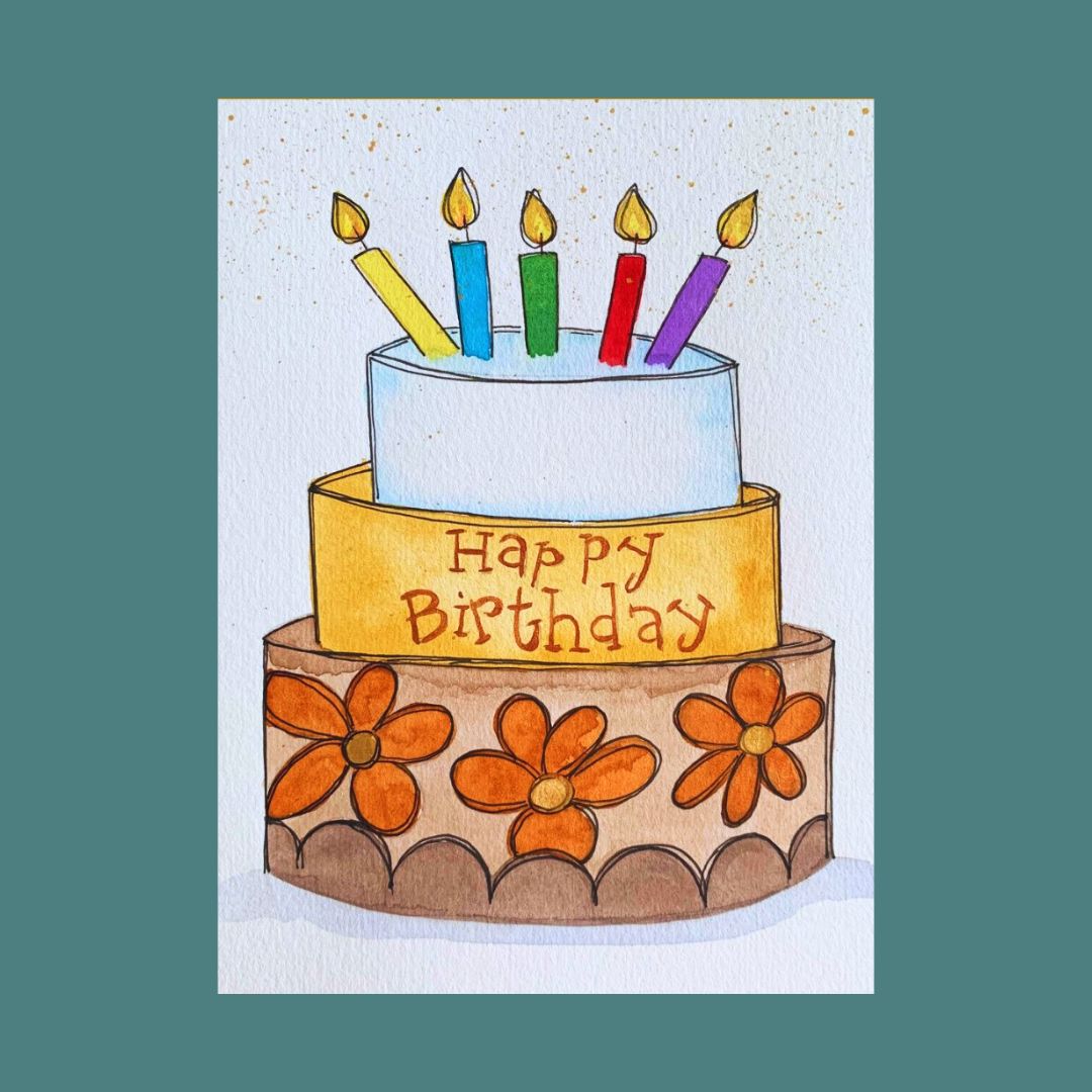 Hand-painted watercolor birthday card with a cake and candles, signed by Lill Casas.