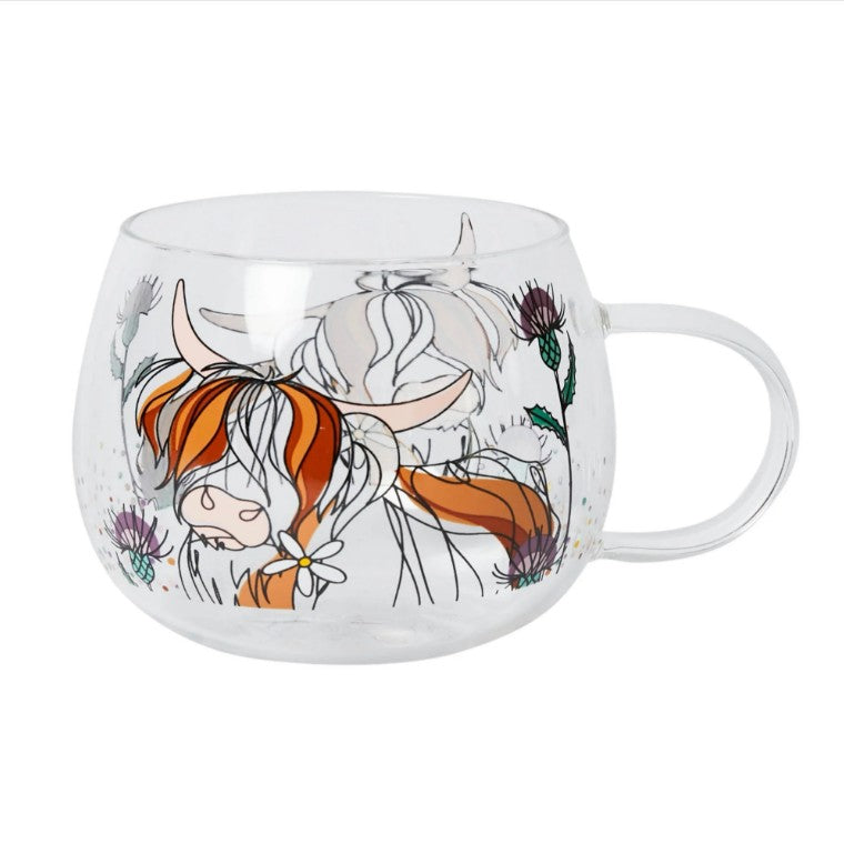 Belly Button Designs clear glass mug with Highland Cow and Thistle design