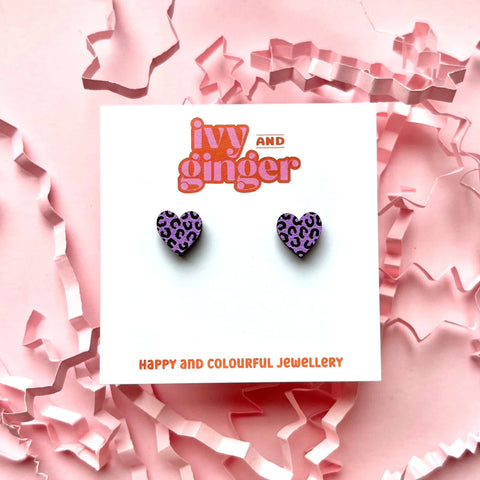 LILAC + BLACK MINI LEOPARD PRINT HEART STUDS