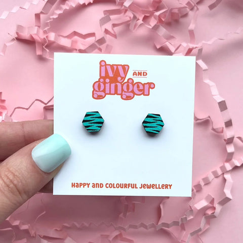 TEAL + BLACK HEXAGON ZEBRA PRINT MINI STUDS