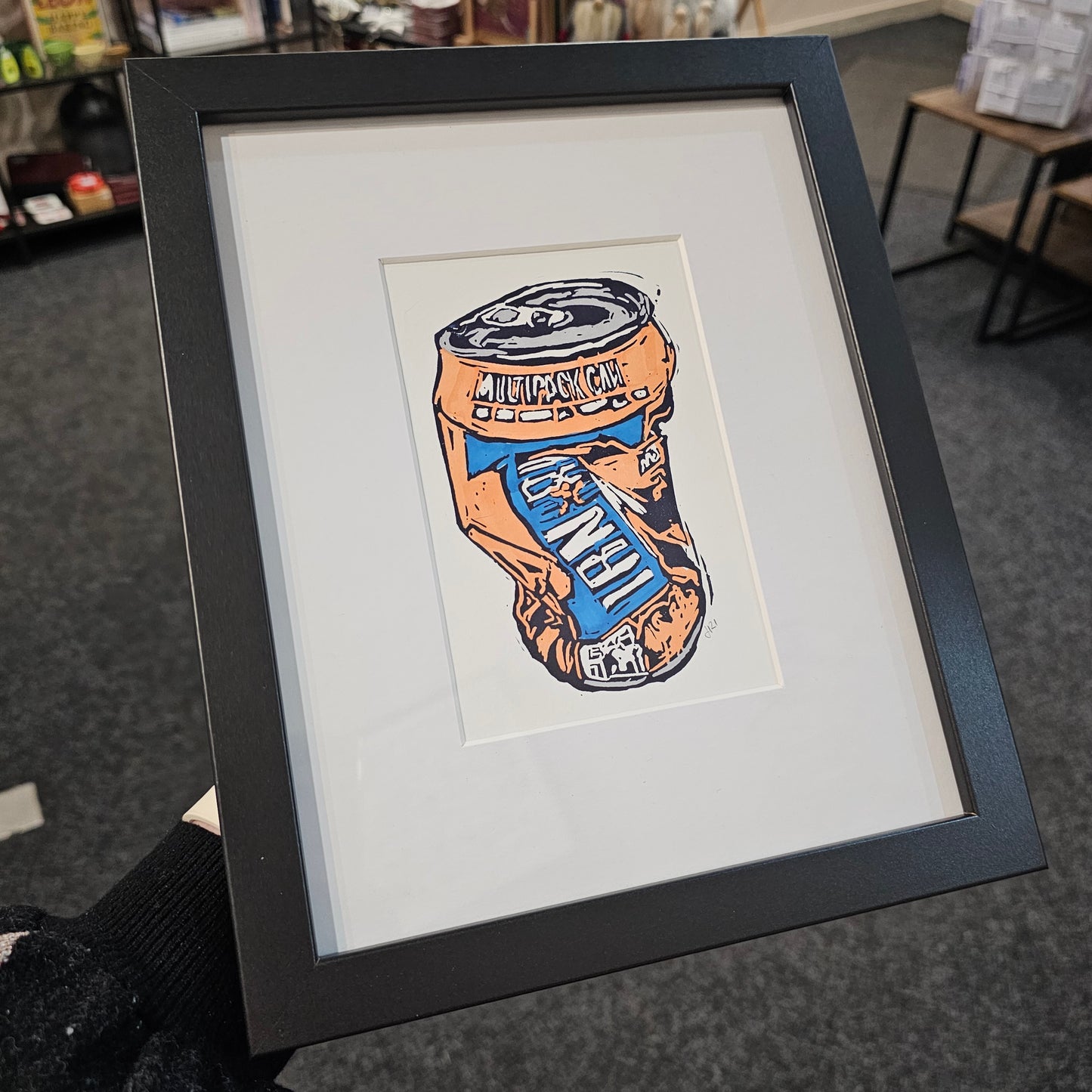 Irn Bru inspired lino print whole or crushed Scottish artwork BeeBirds