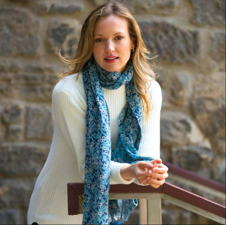 Teal Jacquard printed Earth Squared viscose scarf 70 x 180 cm supersoft drape