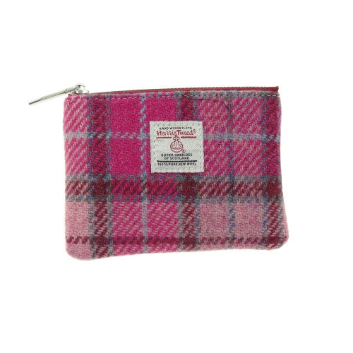 Small rectangular pouch or coin purse made from colourful, genuine Harris Tweed wool, featuring a zip closure.