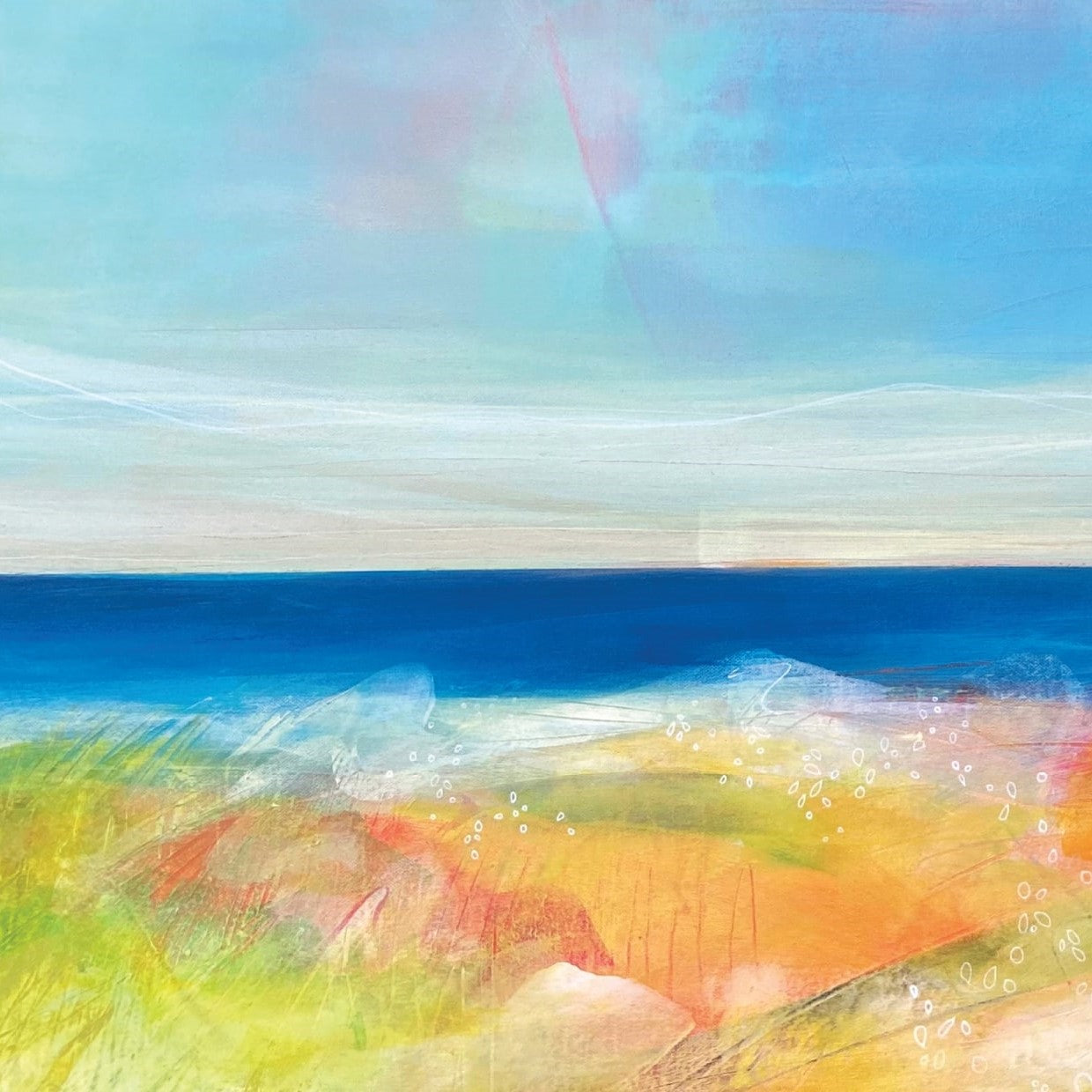 Limited edition coastal art print of Lunan Bay, Angus, in soft white mount, inspired by the Scottish coastline